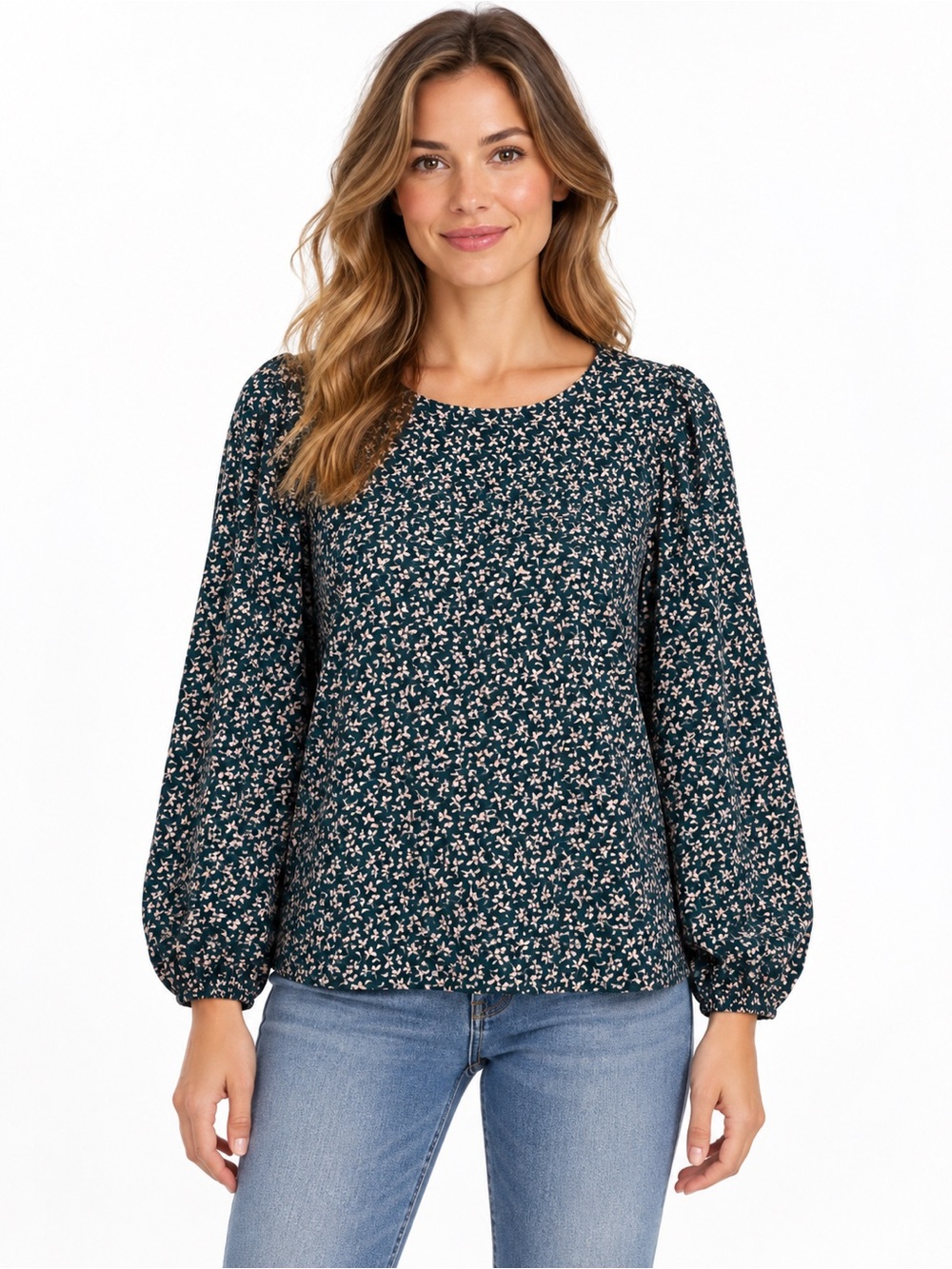 LOFT Women’s Bluish Green & White Floral Lace Detail Blouse Small